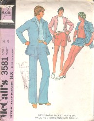 3581 MCCALLS 72 MR PATIO JACKET, PANTS, WALKER SHORTS, SWIM TRUNKS PATTERN 46" CHEST UNCUT; 42: CHOICE